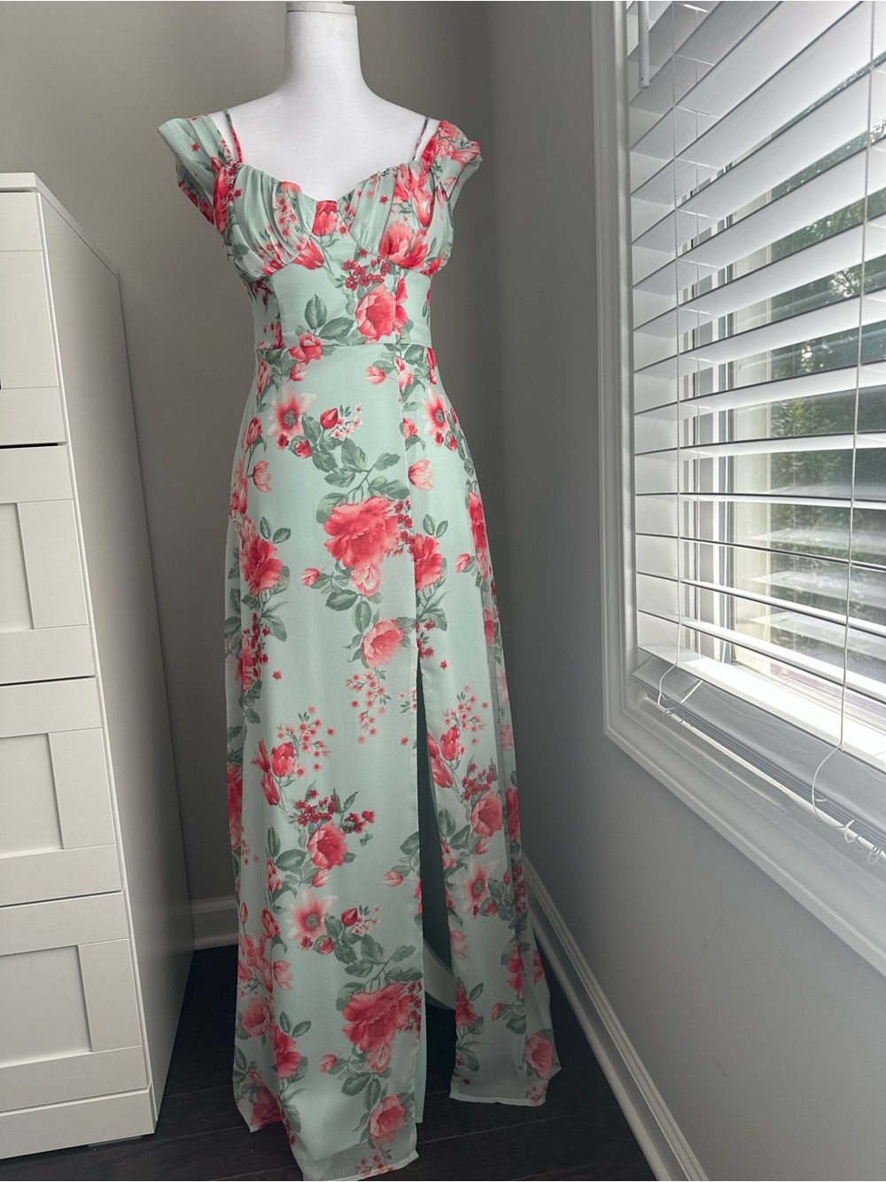 Crystal Doll Mint Green Floral Off-Shoulder Maxi Dress